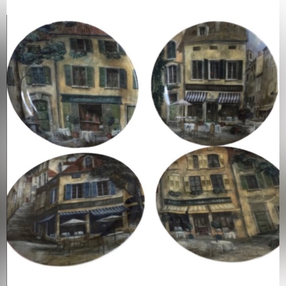 222 FIFTH Plate Set French Cafe 4 Piece Set by Fabrice De Villeneuve NWOT - Picture 1 of 11